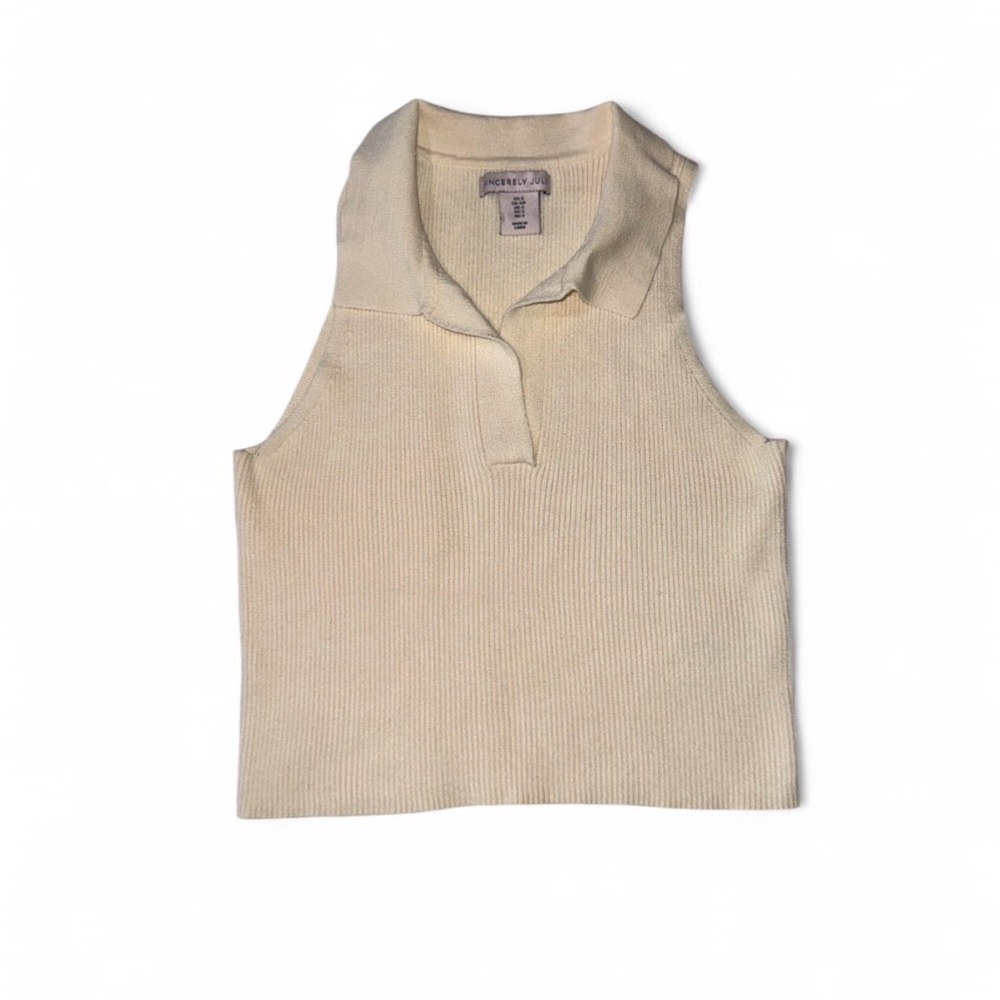 Women’s Sincerely Jules Cream Ivory White Ribbed Collar V-Neck Knit Tank Top S